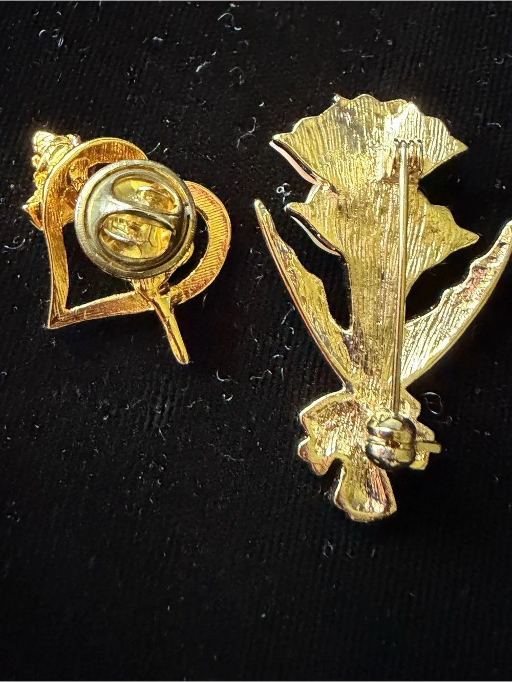 Vintage Gold Tone Flower pins - Heart Rose Tack + Mother of Pearl Tulip Brooch